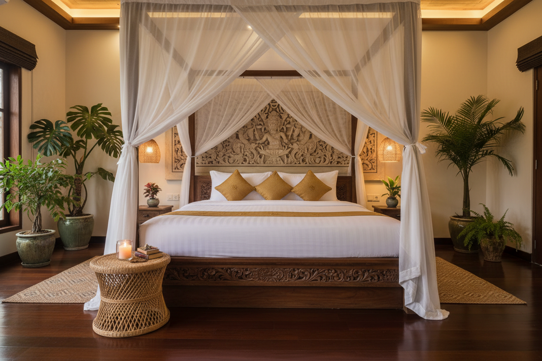Luxury Balinese bed handcrafted from solid teak, featuring a timeless platform design, natural wood grain and a serene tropical bedroom setting.