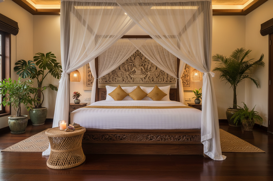 Luxury Balinese bed handcrafted from solid teak, featuring a timeless platform design, natural wood grain and a serene tropical bedroom setting.