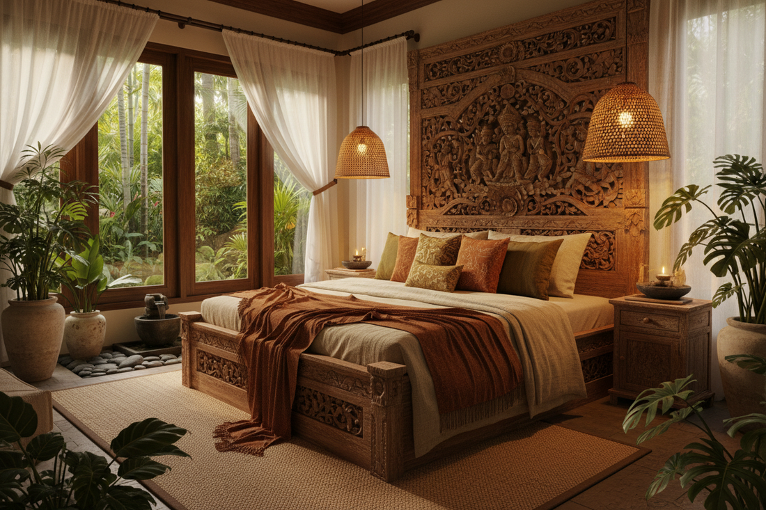 Elegant Bali style bedroom with a handcrafted solid teak bed, natural rattan accents, layered ambient lighting, organic textiles and biophilic tropical design.