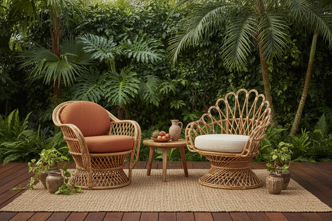 Handcrafted Bali rattan chair with a natural cane weave and sculptural organic design, showcasing comfortable seating for dining rooms, living spaces and luxury tropical interiors.
