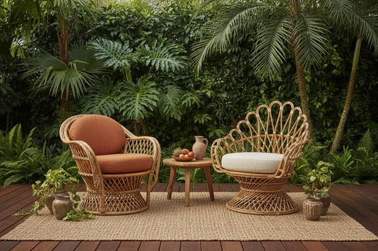 Handcrafted Bali rattan chair with a natural cane weave and sculptural organic design, showcasing comfortable seating for dining rooms, living spaces and luxury tropical interiors.