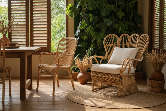 Handcrafted Balinese rattan chair with a sculptural silhouette, natural cane weaving and solid teak frame, styled in a warm tropical interior.