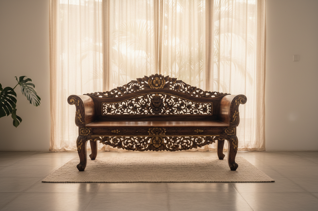 Authentic traditional Balinese furniture in solid teak, featuring intricate hand carving, timeless artisan craftsmanship and the cultural heritage of generations of Balinese woodworkers.