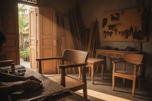 Luxury Bali furniture handcrafted from solid teak and natural rattan, displayed in an elegant tropical interior with authentic Indonesian craftsmanship.