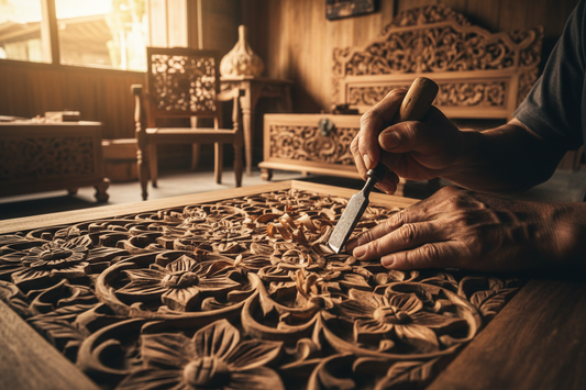Authentic handmade Balinese furniture handcrafted from solid teak, featuring precision hand carving, natural wood grain and the timeless expertise of Balinese artisans.