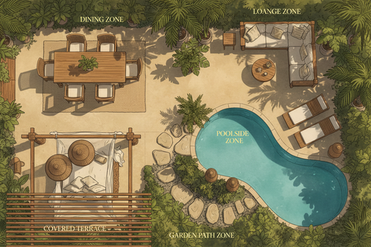 Elegant Bali outdoor patio furniture handcrafted from solid teak, creating defined dining, lounge and poolside spaces with timeless tropical resort design.