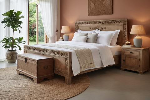 Bali bedroom furniture collection of boho beds, headboards, nightstands and wardrobes