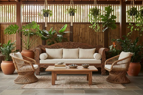 Bali indoor furniture collection of boho pieces handcrafted for living rooms, bedrooms and dining rooms