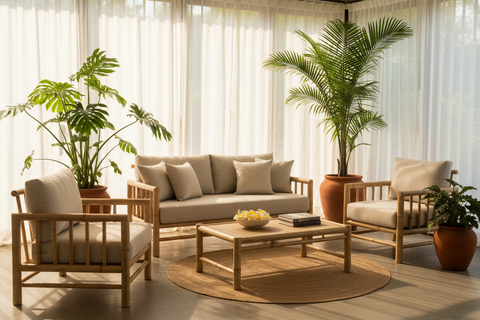Bamboo furniture collection handcrafted in Bali, boho furniture made with natural bamboo