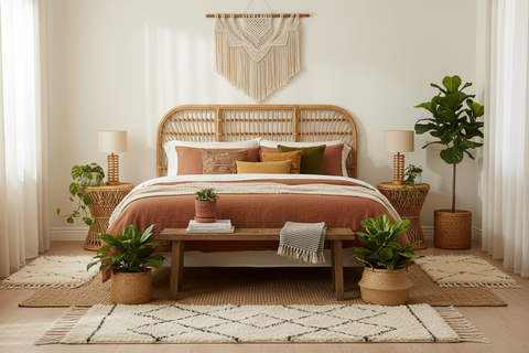 Boho bedroom furniture handcrafted in Bali, including beds, headboards and bedside storage