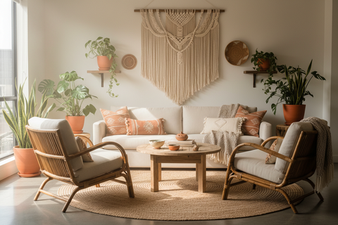Boho chic furniture collection handcrafted in Bali for relaxed, natural interiors