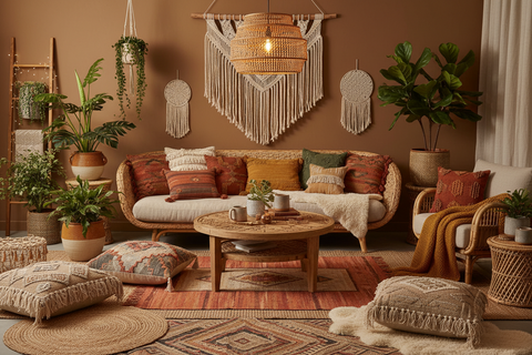 Boho chic living room furniture handcrafted in Bali, with sofas, armchairs and coffee tables