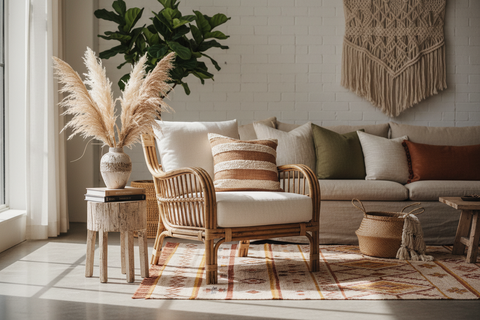 Boho furniture collection handcrafted in Bali, from sofas and armchairs to tables and storage