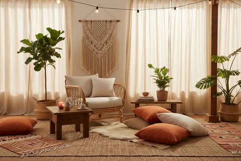 Boho living room furniture handcrafted in Bali, including sofas, lounge chairs and coffee tables
