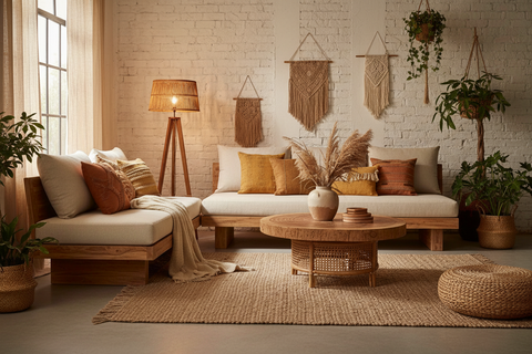 Boho solid wood furniture handcrafted in Bali, with tables, benches, cabinets and chairs