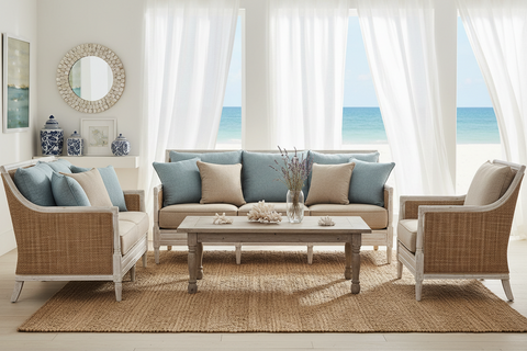 Coastal boho furniture sets handcrafted in Bali, matching pieces for living and outdoor spaces