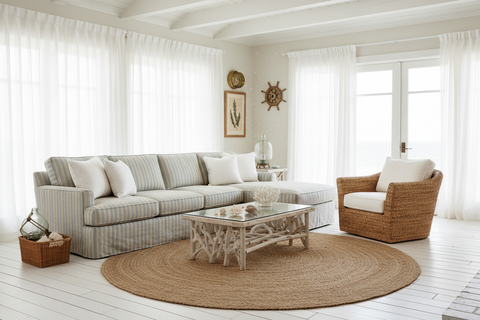 Coastal boho living room furniture handcrafted in Bali, with sofas, armchairs and coffee tables