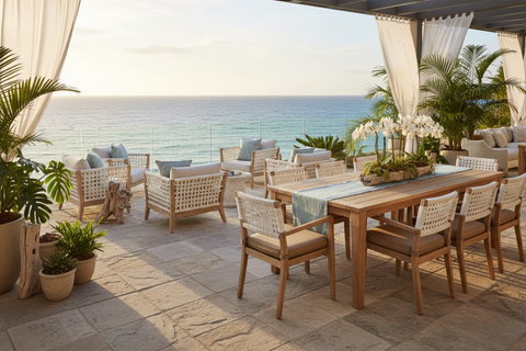 Coastal boho outdoor furniture handcrafted in Bali for patios, gardens and beach houses