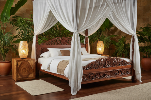 Exotic boho bedroom furniture handcrafted in Bali, with beds, headboards and cabinets