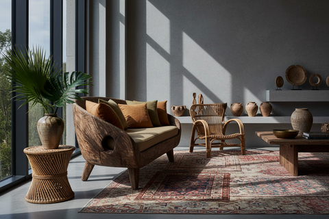 Exotic boho living room furniture handcrafted in Bali, with sofas, armchairs and side tables