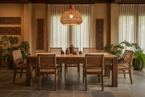 Handmade boho dining room furniture from Bali, with dining tables, chairs and benches