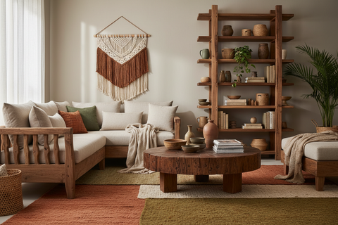 Handmade boho living room furniture from Bali, including sofas, armchairs and coffee tables