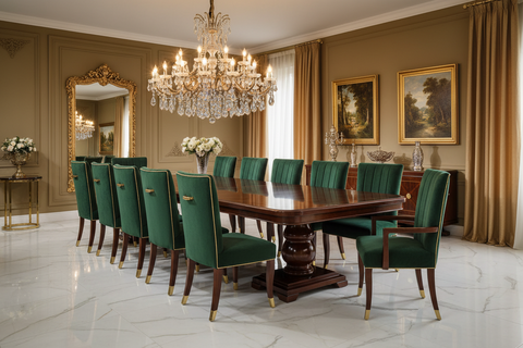 Luxury boho dining room furniture handcrafted in Bali, with dining tables, chairs and sideboards