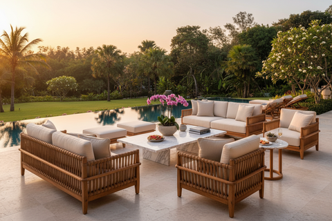 Luxury boho outdoor furniture handcrafted in Bali for villas, terraces and pool areas