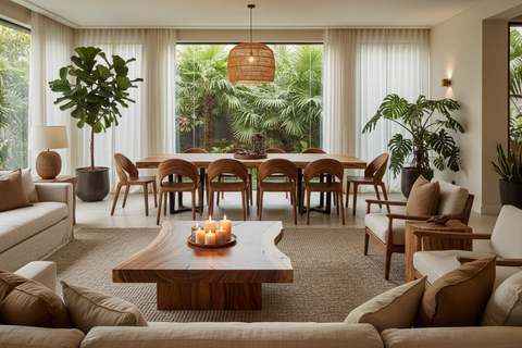 Luxury boho suar wood furniture handcrafted in Bali, with solid wood tables and statement pieces
