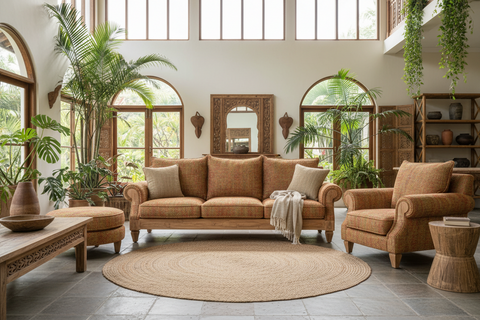 Natural fibre sofas handcrafted in Bali, boho sofas woven from rattan and natural fibres
