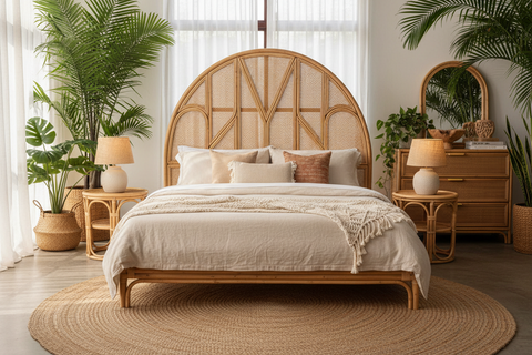 Rattan bedroom furniture handcrafted in Bali, boho beds, headboards and bedside tables