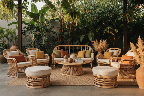 Rattan chairs handcrafted in Bali, boho armchairs, dining chairs and lounge chairs