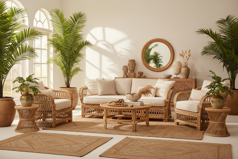 Rattan living room furniture handcrafted in Bali, boho sofas, armchairs and coffee tables