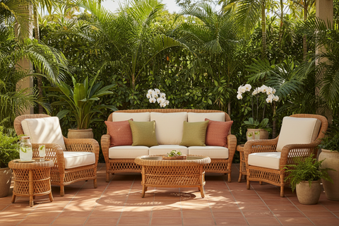 Rattan outdoor furniture handcrafted in Bali, boho lounge and dining sets for the garden