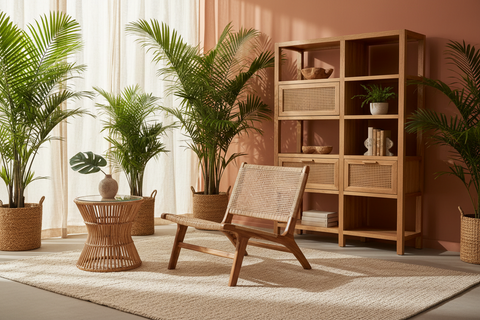 Rattan and solid wood furniture handcrafted in Bali, boho pieces combining wood frames and weaving