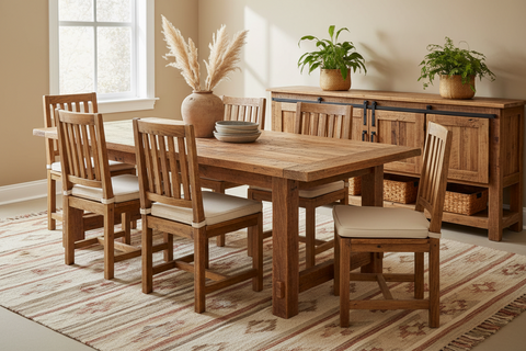 Reclaimed wood furniture handcrafted in Bali, boho tables, benches and cabinets in recycled timber
