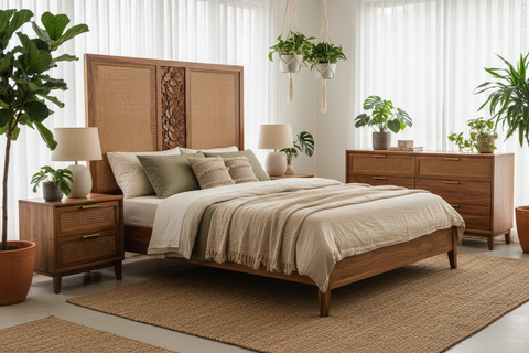 Solid wood bedroom furniture handcrafted in Bali, boho beds, wardrobes and bedside tables