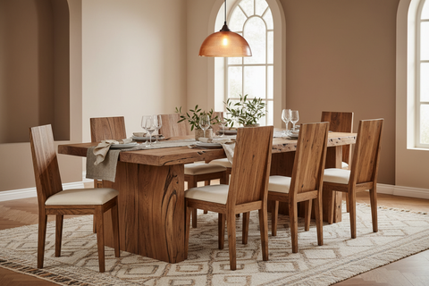 Solid wood dining room furniture handcrafted in Bali, boho tables, chairs and sideboards
