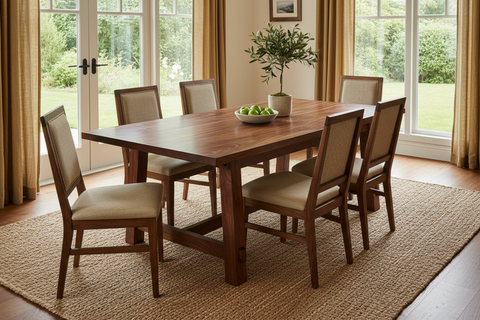 Solid wood dining tables handcrafted in Bali, boho dining tables in teak and suar wood