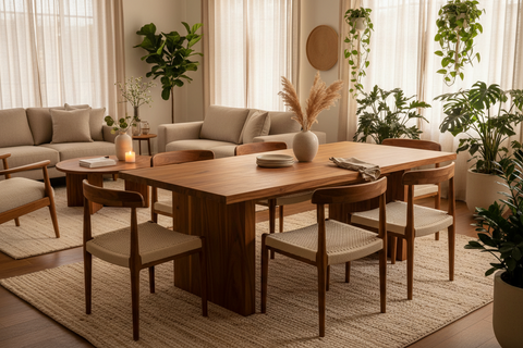 Solid wood furniture sets handcrafted in Bali, matching boho dining and lounge pieces