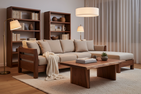 Solid wood living room furniture handcrafted in Bali, boho coffee tables, consoles and cabinets