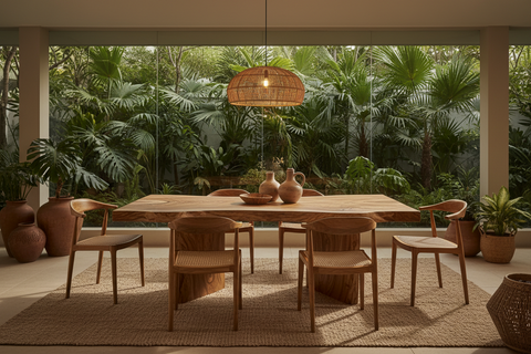 Suar wood furniture handcrafted in Bali, boho tables, benches and side tables in solid suar wood