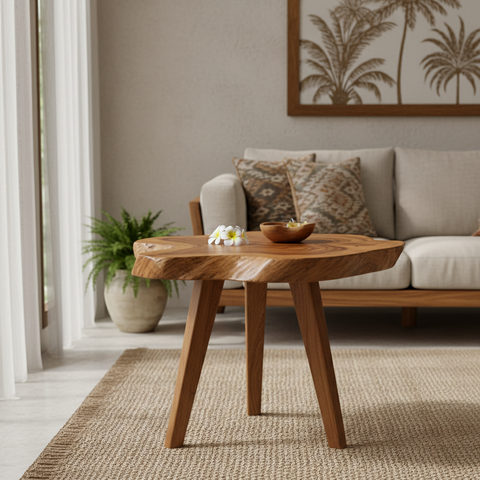 Suar wood side tables handcrafted in Bali, boho side tables cut from solid suar wood