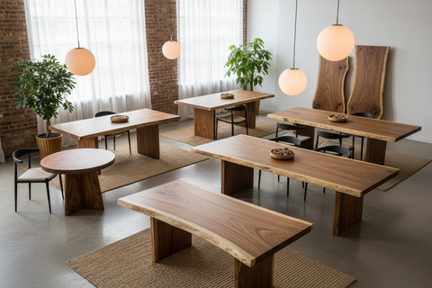 Suar wood tables handcrafted in Bali, boho dining and coffee tables in solid suar wood