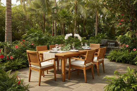 Teak outdoor furniture sets handcrafted in Bali, boho dining and lounge sets for the garden