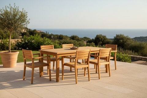 Teak outdoor furniture handcrafted in Bali, boho sun loungers, benches and dining sets