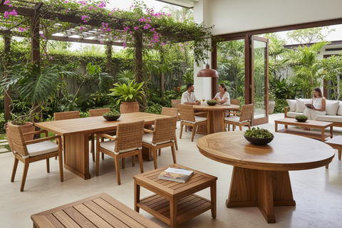 Teak tables handcrafted in Bali, boho dining, coffee and side tables in solid teak