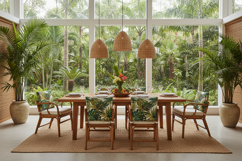Tropical boho dining room furniture handcrafted in Bali, with dining tables and chairs