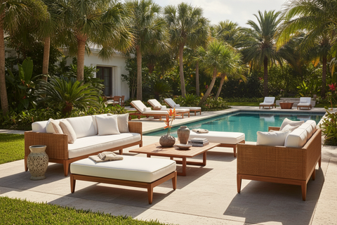 Tropical boho furniture sets handcrafted in Bali for living rooms, terraces and gardens