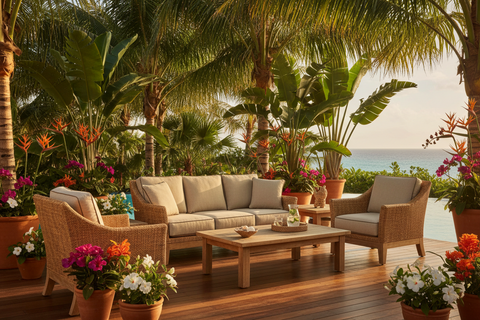 Tropical boho outdoor furniture handcrafted in Bali for patios, gardens and pool decks